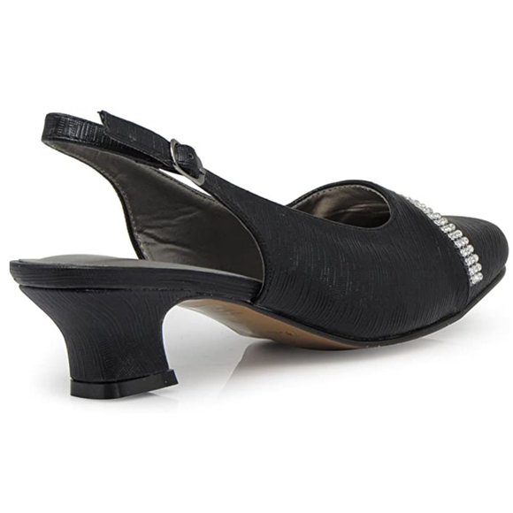 Women's Wide Width Sling Back Low Heeled Pumps Sandals Shoes Dressy Satin Stones - Picture 3 of 5